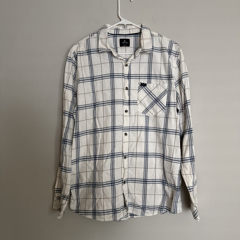Rip Curl White And Blue Button Up Flannel Men's Size Medium SoCal Surf Skate